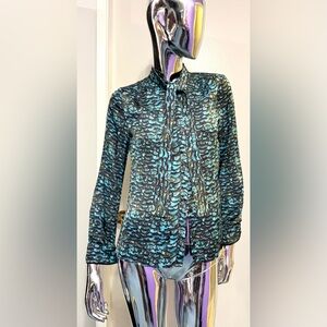 All Saints - Feather print in Peacock Blue, Teal + Black Satin finish Down Shirt